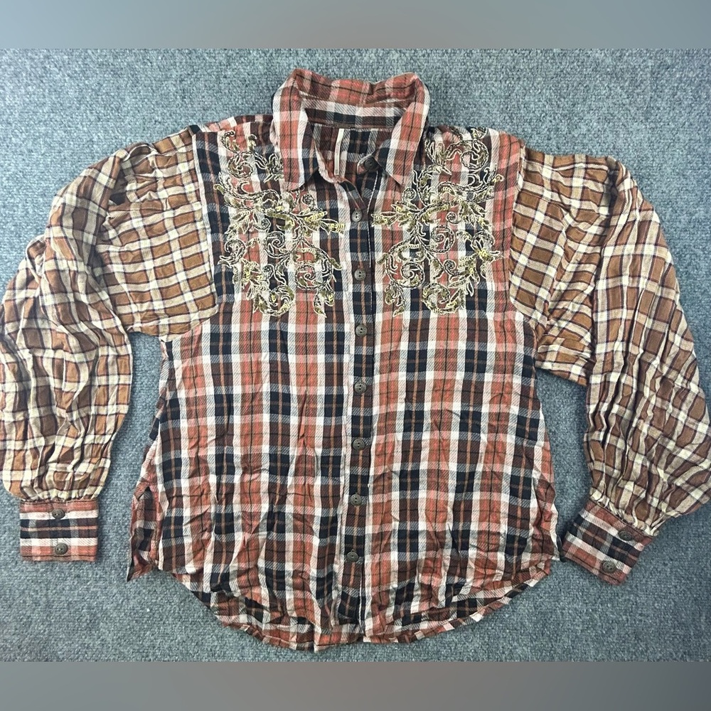 Free People Womens Copper Plaid Snow Mountain Button Down Shirt XS Boho Chic